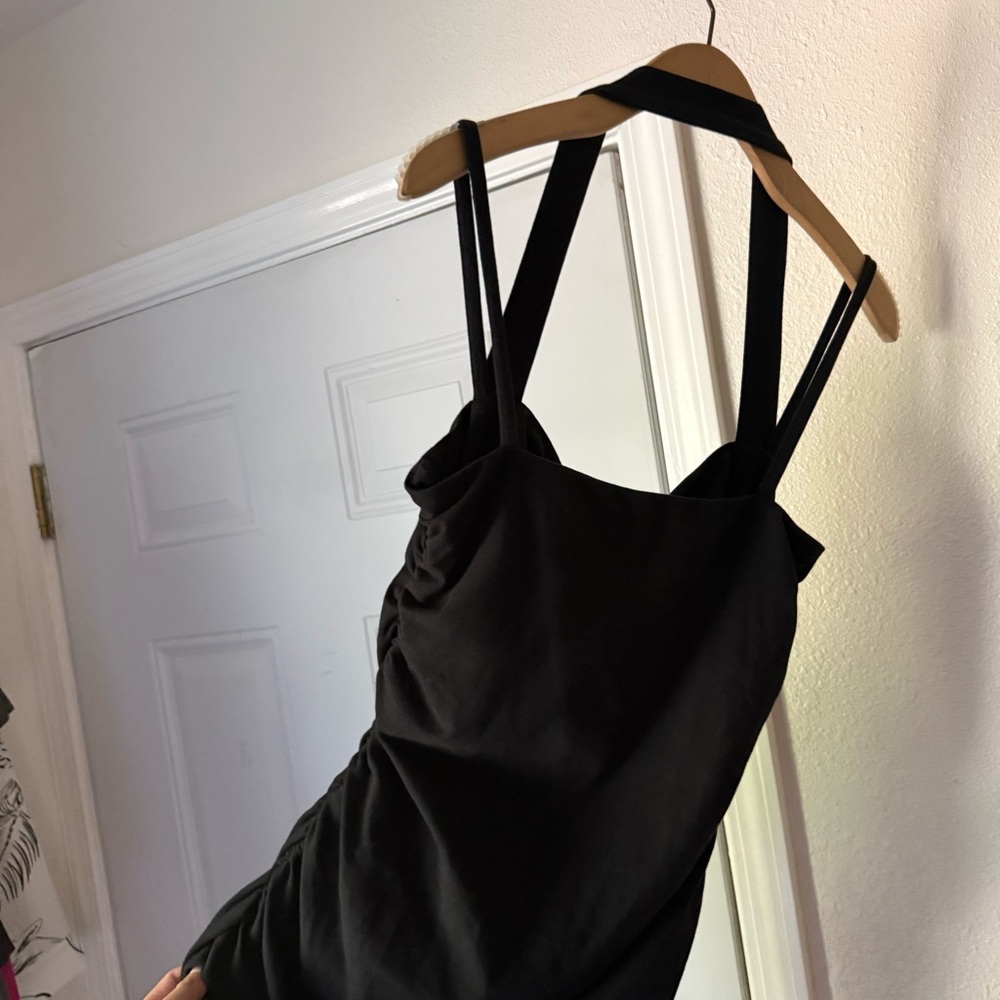 NWT REFORMATION black organic cotton square‎ neck halter ruched bodycon midi - Picture 4 of 6